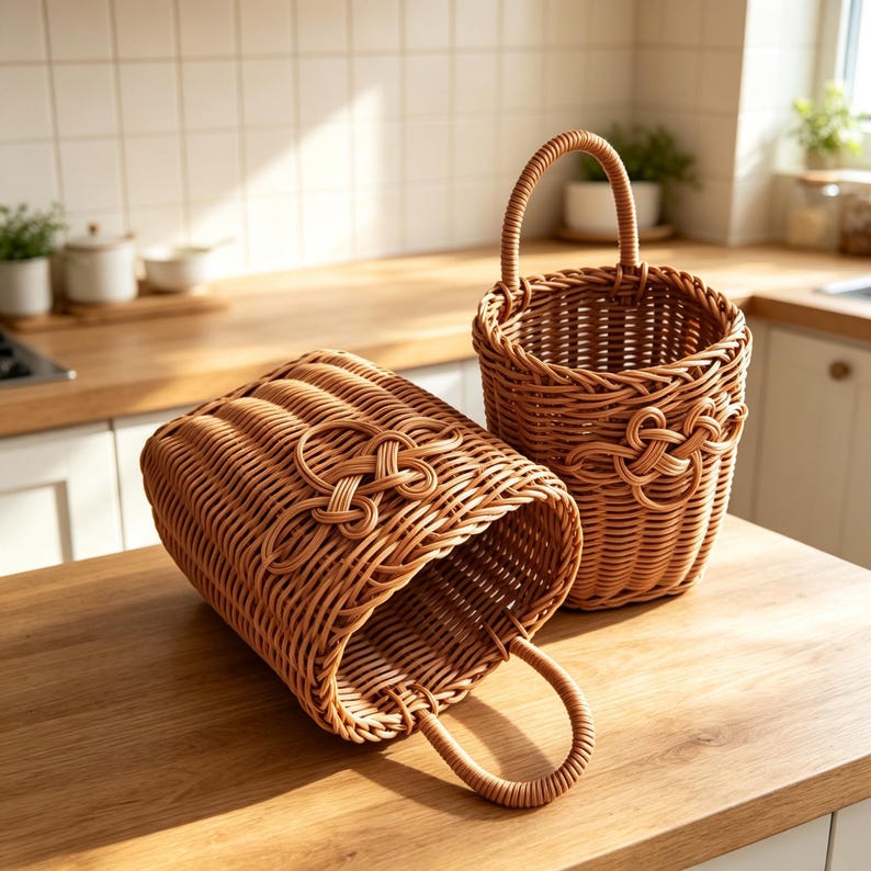 Handgeflochtener Rattan Wandkorb, Hängeaufbewahrung, 2er-Set, Boho Landhausstil, groß und klein