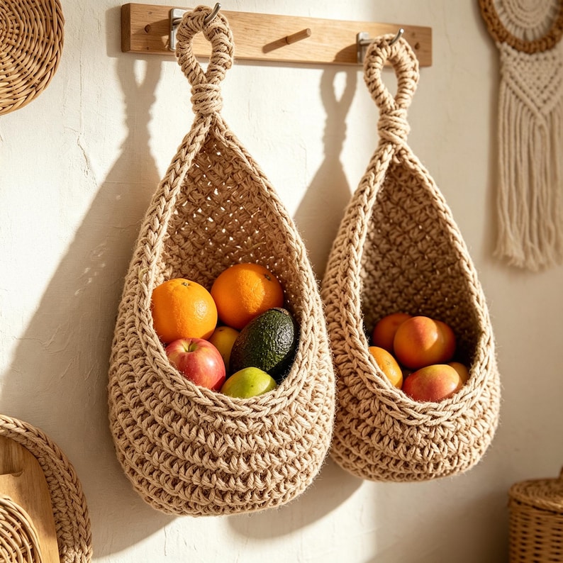 Hängender Obstnetzbeutel aus Baumwollseil, Boho-Aufbewahrung für Obst und Gemüse, 1er oder 3er-Pack, Braun/Khaki/Weiß/Naturleinen