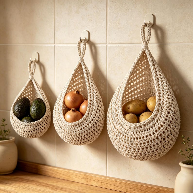Hängender Obstnetzbeutel aus Baumwollseil, Boho-Aufbewahrung für Obst und Gemüse, 1er oder 3er-Pack, Braun/Khaki/Weiß/Naturleinen