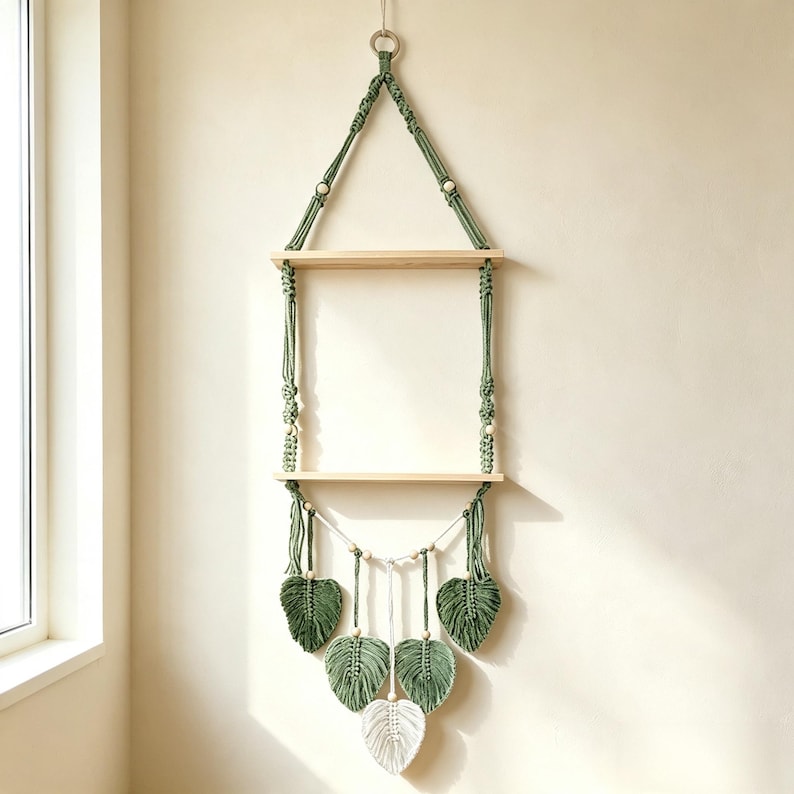 Handgewebter Wandteppich in Blattform, Wandregal im Boho-Stil, ein- und zweistöckig, Holzbrett, 39 cm