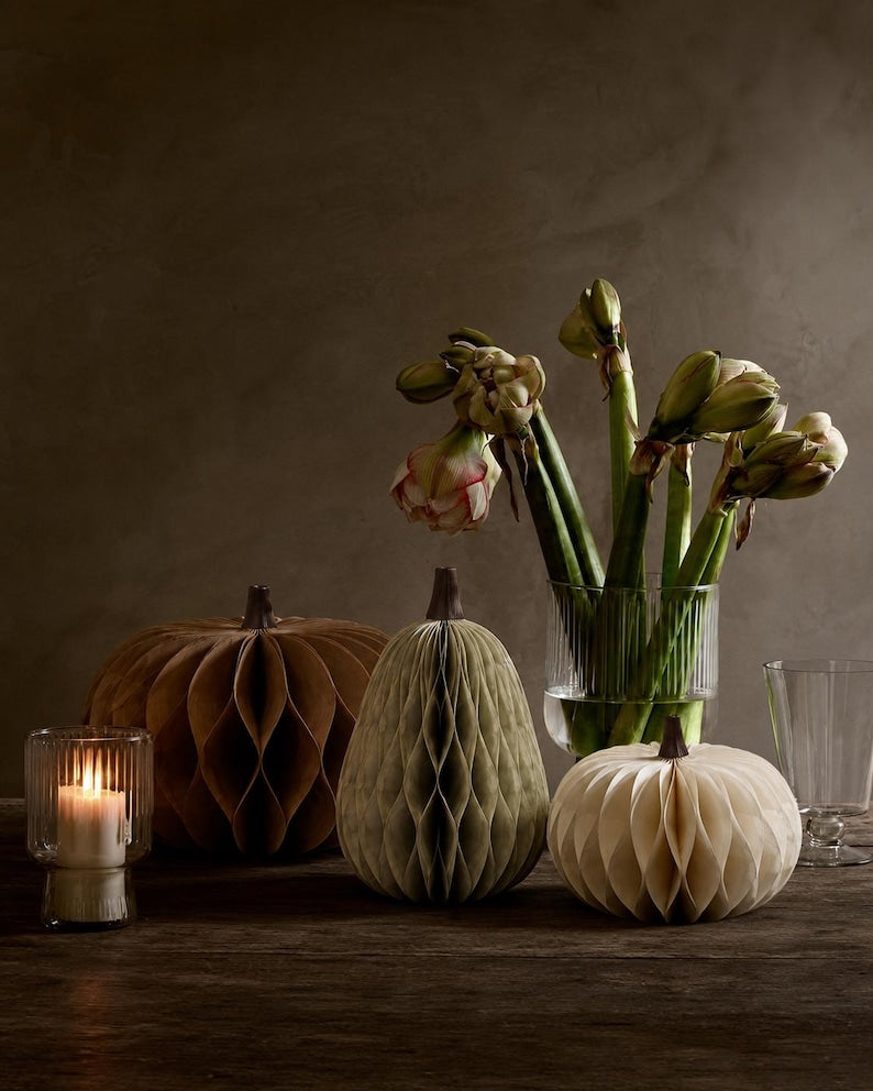 Papier Kürbis 3er Set Herbstdeko faltbar mit Magnetverschluss 11,8-24 cm