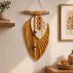 Blatt-Wandbehang aus Baumwollkordel, handgewebte botanische Wanddekoration, neutral für Schlafzimmer, Wohnzimmer