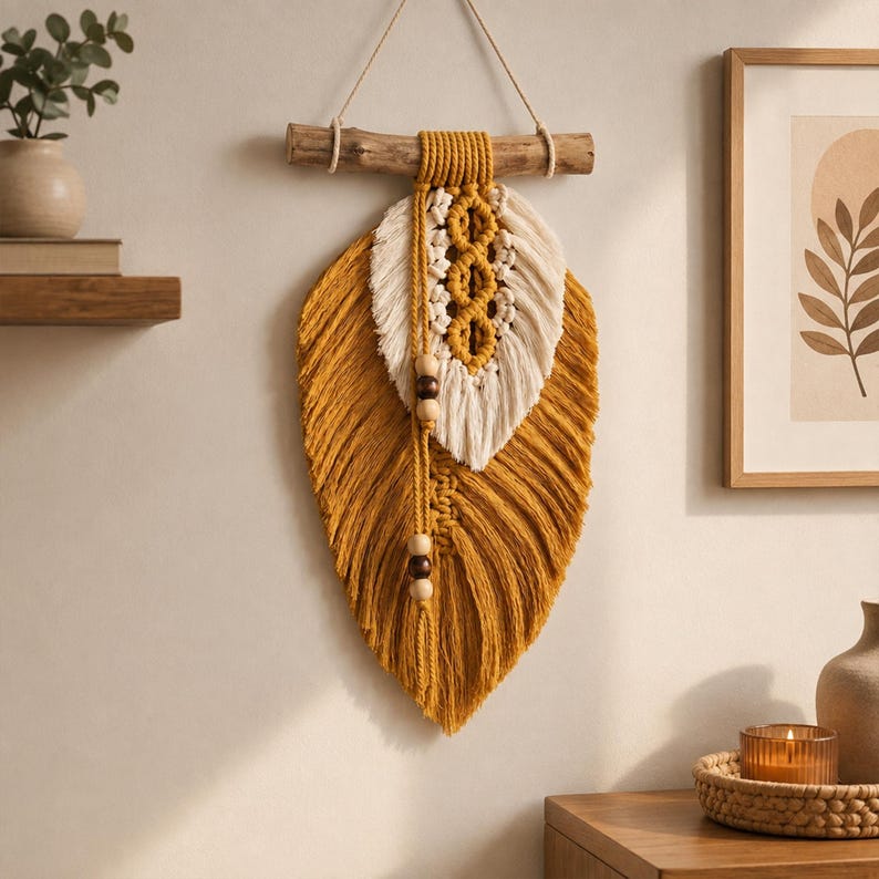 Blatt-Wandbehang aus Baumwollkordel, handgewebte botanische Wanddekoration, neutral für Schlafzimmer, Wohnzimmer