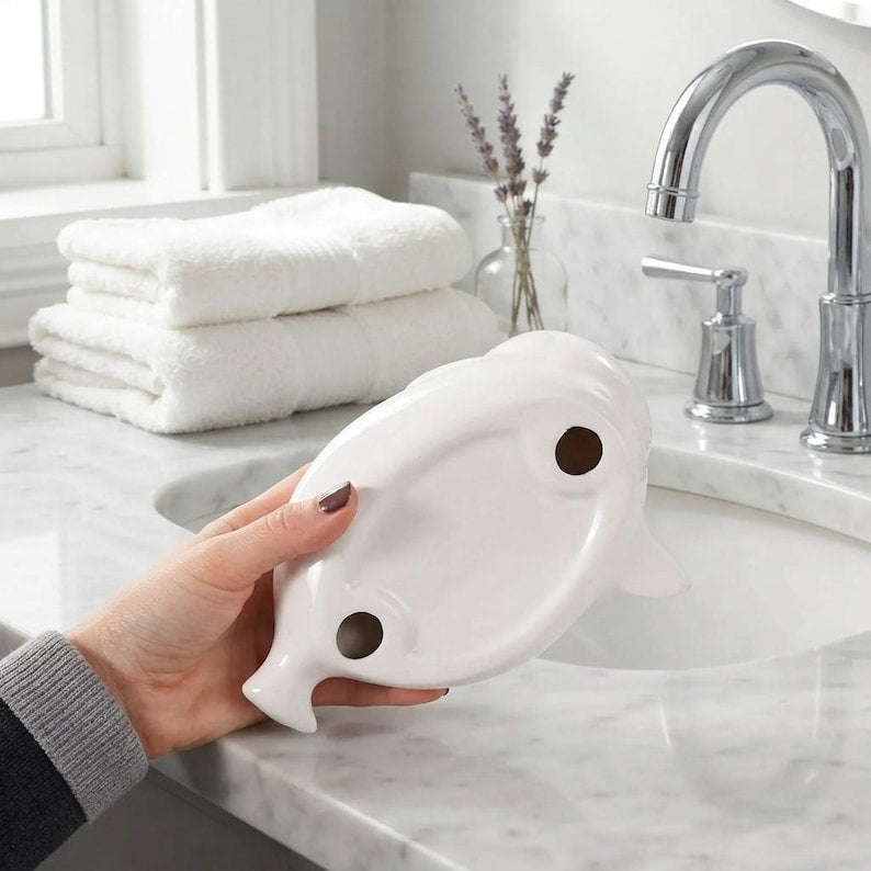 Keramik-Seifenschale mit Robbenmotiv, Badezimmer-Deko im Küstenstil, 19 cm