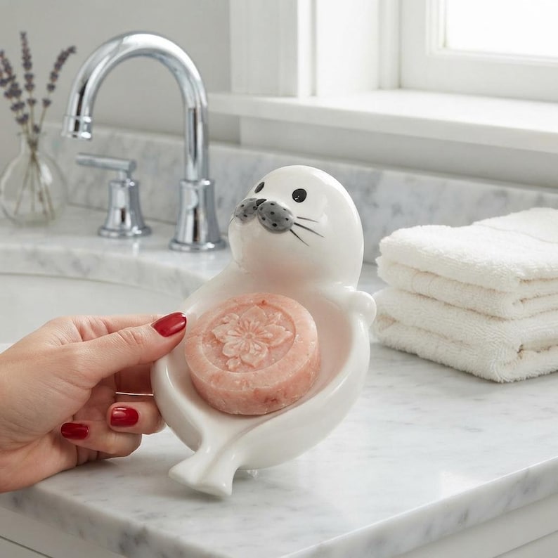 Keramik-Seifenschale mit Robbenmotiv, Badezimmer-Deko im Küstenstil, 19 cm