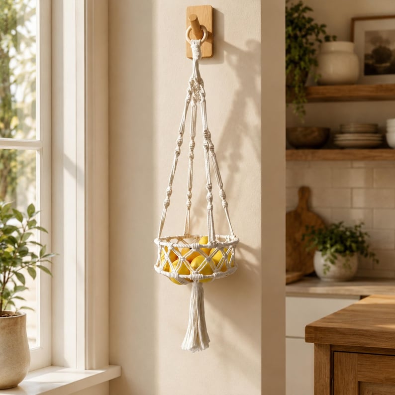Hängekorb aus Baumwollseil für Obst und Gemüse, Wandaufbewahrung im Boho-Stil, Küchenorganizer