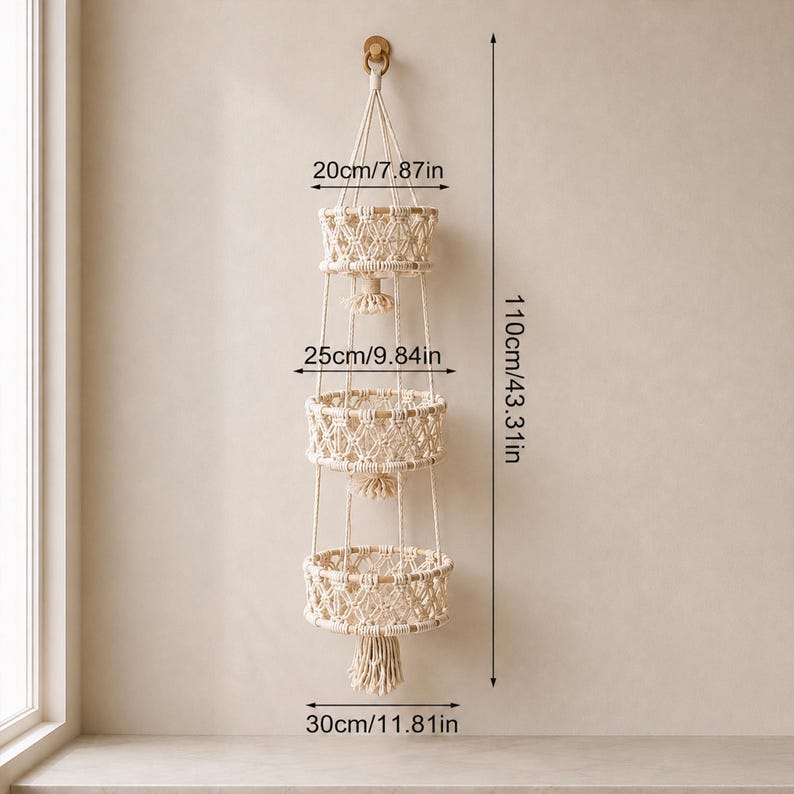 Hängekorb aus Baumwollseil für Obst und Gemüse, Wandaufbewahrung im Boho-Stil, Küchenorganizer