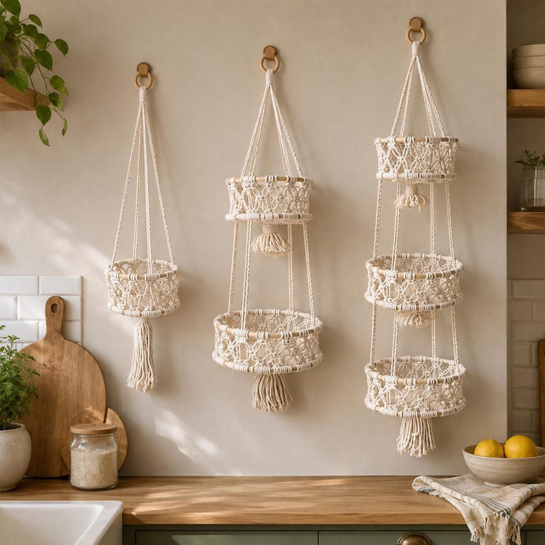 Makramee Hängender Obstkorb Wandaufbewahrung Baumwollseil Küchenorganizer Boho Landhausstil
