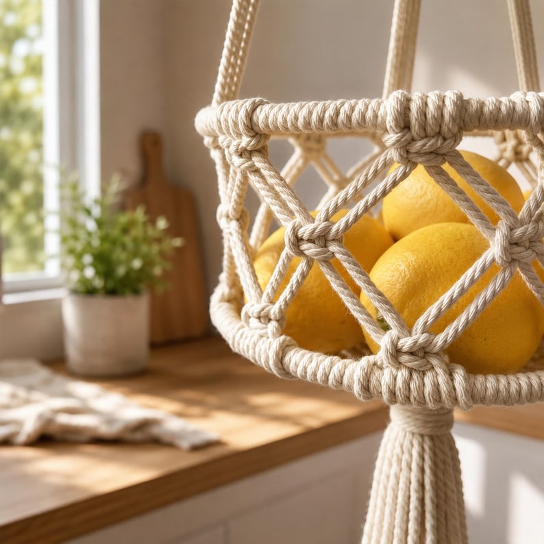Hängekorb aus Baumwollseil für Obst und Gemüse, Wandaufbewahrung im Boho-Stil, Küchenorganizer