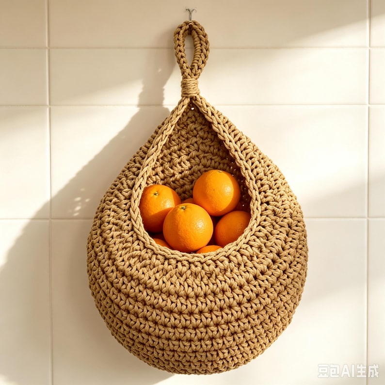 Hängender Obstnetzbeutel aus Baumwollseil, Boho-Aufbewahrung für Obst und Gemüse, 1er oder 3er-Pack, Braun/Khaki/Weiß/Naturleinen