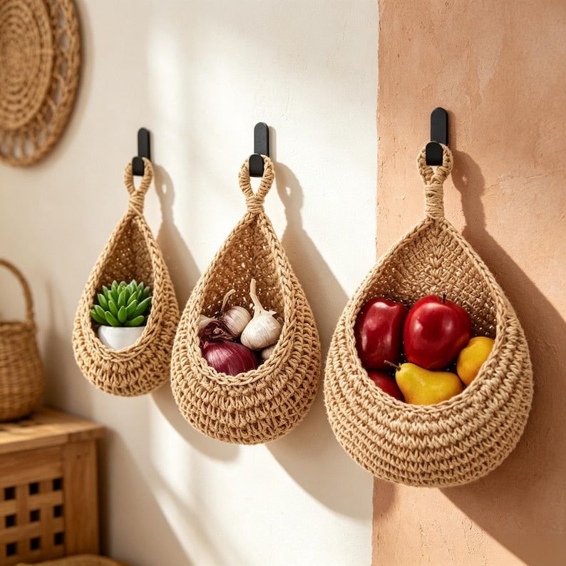 Hängender Obstnetzbeutel aus Baumwollseil, Boho-Aufbewahrung für Obst und Gemüse, 1er oder 3er-Pack, Braun/Khaki/Weiß/Naturleinen