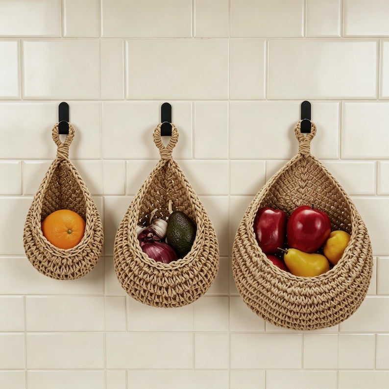 Hängender Obstnetzbeutel aus Baumwollseil, Boho-Aufbewahrung für Obst und Gemüse, 1er oder 3er-Pack, Braun/Khaki/Weiß/Naturleinen