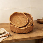 Handgeflochtene Rattan-Körbe 3er-Set Boho Wellenrand Aufbewahrung Obst