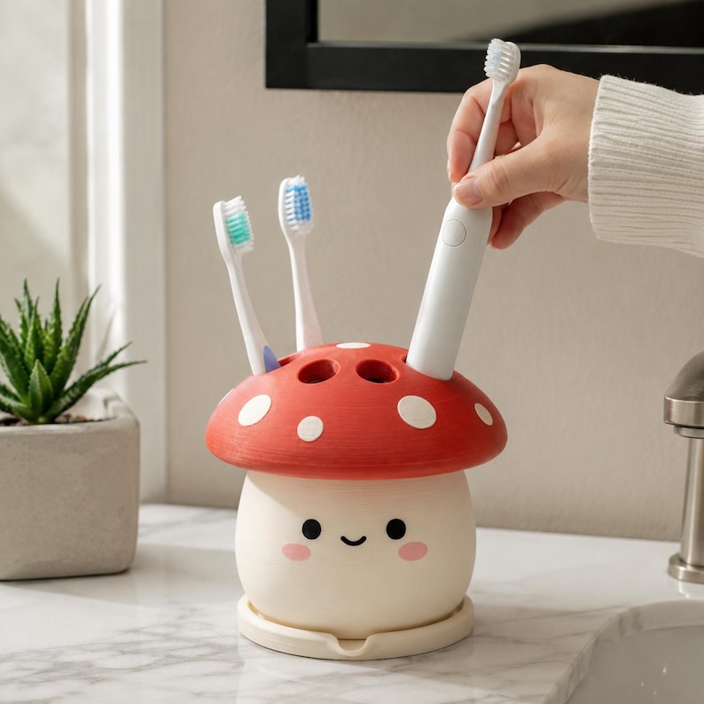 Pilzförmiger Zahnbürstenhalter, 3D-gedruckter Kawaii-Badezimmer-Organizer