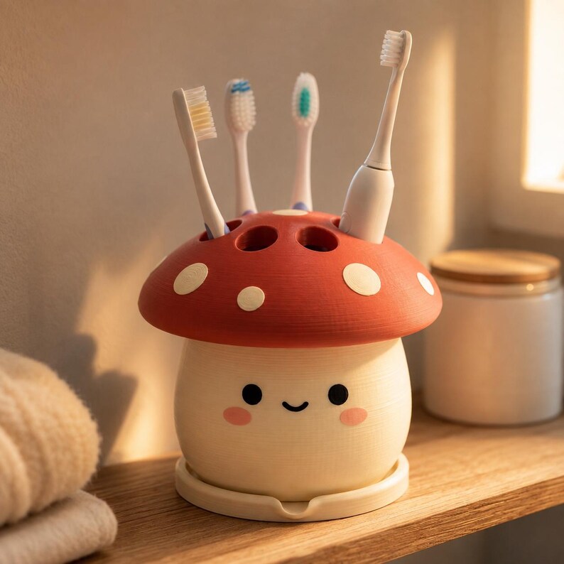 Pilzförmiger Zahnbürstenhalter, 3D-gedruckter Kawaii-Badezimmer-Organizer