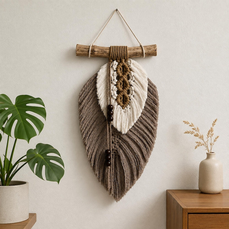Blatt-Wandbehang aus Baumwollkordel, handgewebte botanische Wanddekoration, neutral für Schlafzimmer, Wohnzimmer