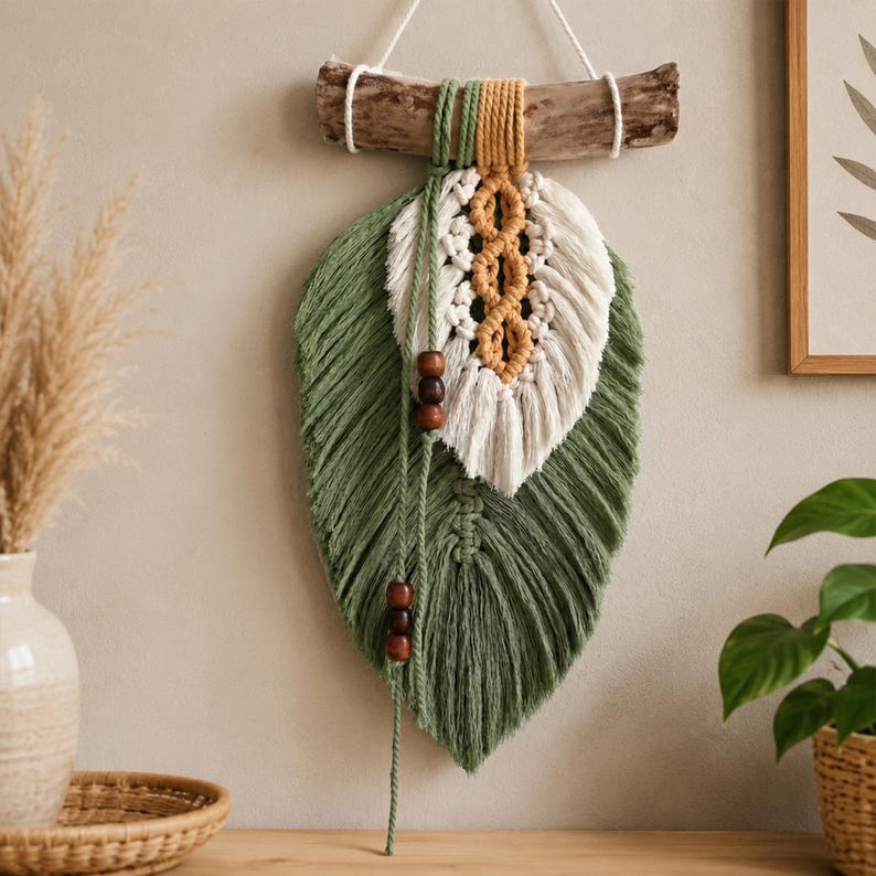 Blatt-Wandbehang aus Baumwollkordel, handgewebte botanische Wanddekoration, neutral für Schlafzimmer, Wohnzimmer