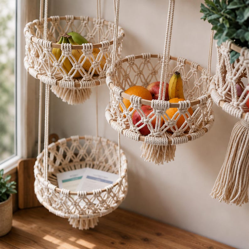 Hängekorb aus Baumwollseil für Obst und Gemüse, Wandaufbewahrung im Boho-Stil, Küchenorganizer