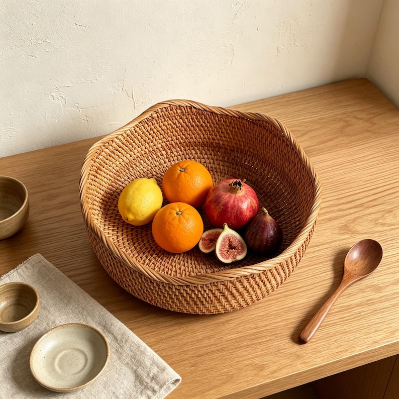 Handgeflochtene Rattan-Körbe 3er-Set Boho Wellenrand Aufbewahrung Obst